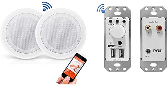 Pyle Pair 8” Bluetooth Flush Mount in-Wall in-Ceiling 2-Way Universal Home Speaker System Spring Loaded Polypropylene Cone & Bluetooth Receiver Wall Mount - in-Wall Audio Control Receiver