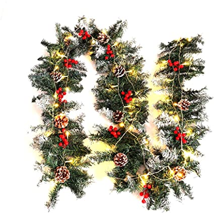 Warmiehomy Christmas Garland 2.7M Fireplace Stair Decoration Illuminated Wreath with 50 LED Lights Pine Cones Decors for Xmas Festival Tree Display