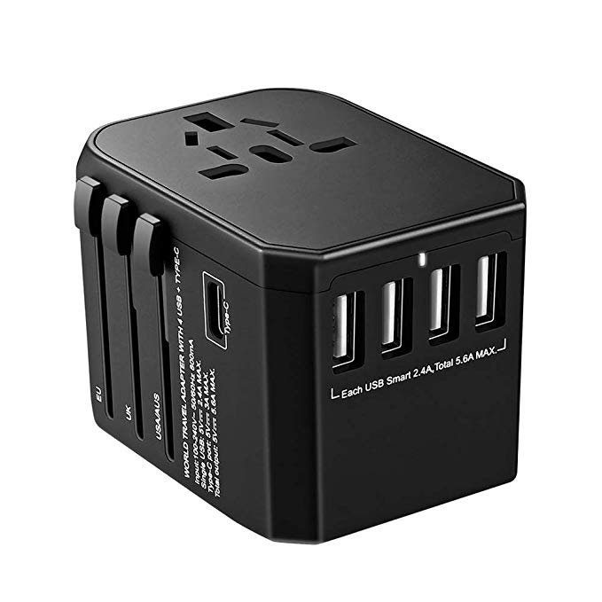 BrizLabs Worldwide Travel Adapter, International Power Adapter with 4 USB Ports 1 Type C Port for Cell Phone, Laptop, Tablet, Universal All in One AC Outlet for US, EU, UK, AUS 150  Countries, Black