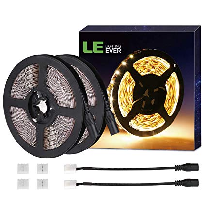 LE 12V LED Strip Light, Flexible, Waterproof, SMD 2835, 300 LEDs, 16.4ft Tape Light for Home, Kitchen, Christmas and More, Warm White, Pack of 2