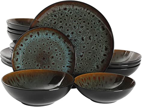 Gibson Elite Ombre Round Reactive Glaze Double Bowl Stoneware Dinnerware Set, Service for Four (16pcs), Teal