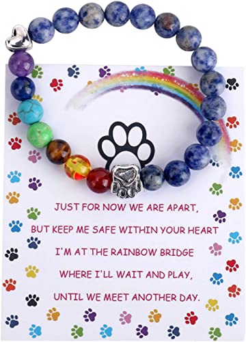 Unijew Pet Memorial Gifts,Rainbow Bridge Bracelet for Beloved Dog Cat,8MM Mixed Color Bead 7 Chakra Pet Memorial Bracelet for Women Men Who Loss of Pets,Pet Sympathy Gift