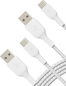 Belkin BoostCharge Braided USB-C to USB-A Charging Cable (3.3ft/1M) for iPhone 15 Series, Samsung Galaxy S24 Series, Note20, Google Pixel 8 & 7, iPad Pro, Nintendo Switch, & More - White (2-Pack)