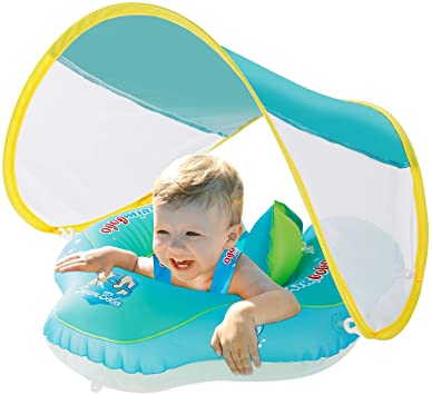 Baby Swimming Float Inflatable Pool with Sun Canopy, No Flip Over Adjustable Canopy for Baby, Safety & Soft Swim Buoys for Toddler Baby Boy Girl, Age of 3-24 Months