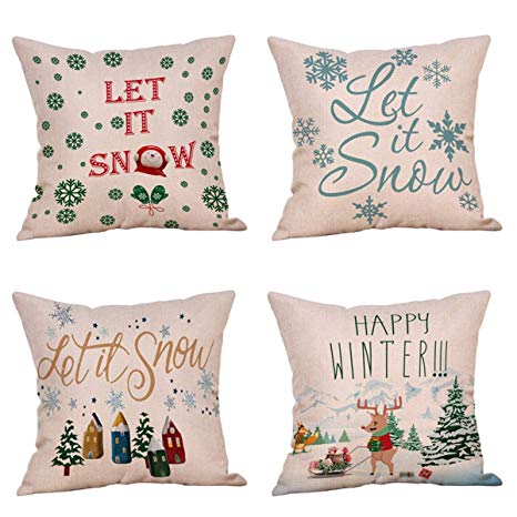 Steven.Smith 4 Pack Christmas Pillowcases,Let It Snow Beautiful Snowflakes in Red,Snowman,Merry Christmas Decorative Throw Pillow Case Cushion Covers Cotton Linen 18 X 18 Inch for Sofa (Let it Snow)