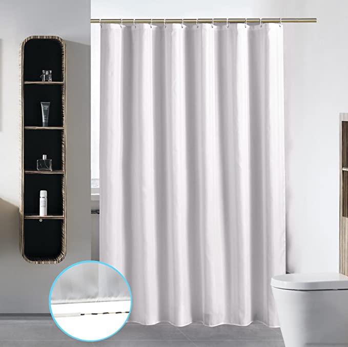 Washable Shower Curtain Liner Bathroom Waterproof Fabric Cloth Mildew Resistant Polyester (Best Hotel Quality Eco Friendly) with Curved Plastic Hooks Set - Extra Long, Pure White (72" x 72", Stripe White)