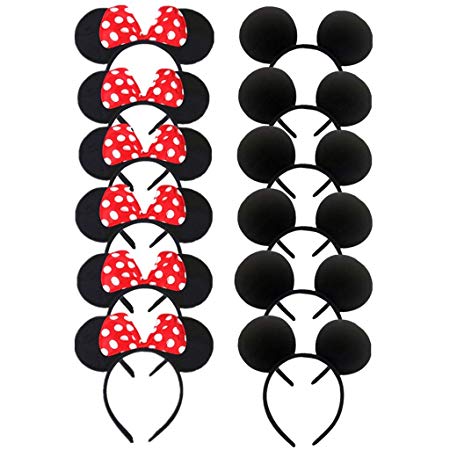 DH Minnie & Mickey Mouse Ear and Red Bow Headband for Girls Birthday Costume Party (12 pcs pack)