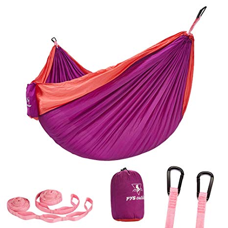 pys Double Portable Camping Hammock with Straps Outdoor -Nylon Parachute Hammock with Tree Straps Set with Max 1200 lbs Breaking Capacity, for Backpacking, Hiking, Travel (Red Lilac Lotus Pink)