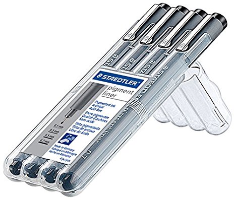 Staedtler 308 A6 WP403 Pigment Fineliner Sketch Pen Pens (4 Pack), 0.1/0.3/0.5/0.7mm, Black