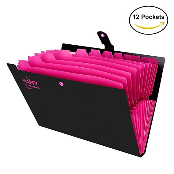 Expanding File Folder 12 Pockets With Snap Closure, Yigou Portable Accordion Document Organizer Letter A4 Paper Size [Black]