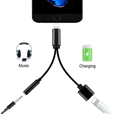 Adapter for iPhone 7 Headphone Lightning Adapter for iPhone 7Plus iPhone 8/8Plus iPhone x/10 Audio Jack Accessories 2 in 1 Earphone Music Converter Charger Cables Dongle Support iOS11 and Later-Black