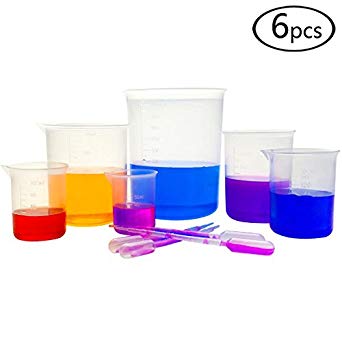 DEPEPE 6pcs Clear Plastic Beakers 1000ml 500ml 250ml 150ml 100ml 50ml with 20pcs 1ml Pipettes
