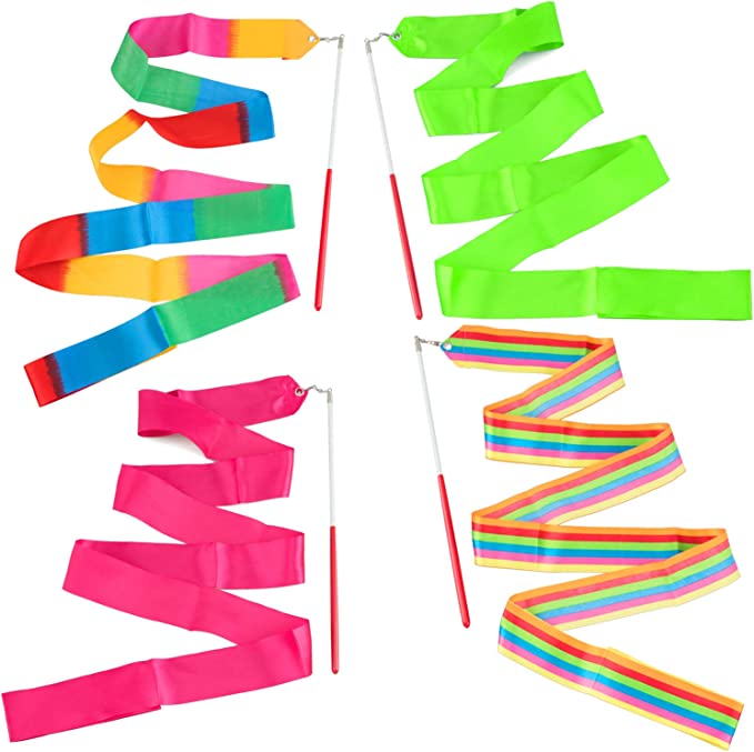 4 Pack 2-Meter/ 78.7inch (6.56 ft) Dance Ribbons, Rainbow Streamers Rhythmic Gymnastics Ribbon, Baton Twirling Wands on Sticks for Kids Artistic Dancing