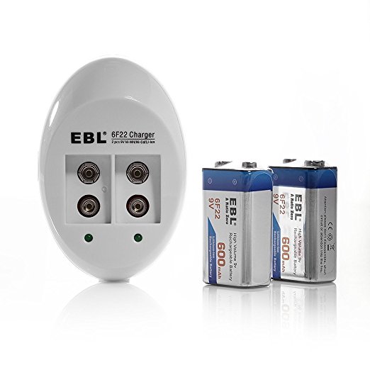 EBL Smart 9V Li-ion Ni-MH Ni-Cd Battery Charger with 600mAh Li ion 9V Rechargeable Batteries 2 Pack