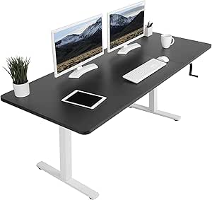 VIVO Manual Height Adjustable 71 x 30 inch Stand Up Desk, Black Table Top, White Frame, Standing Workstation with Foldable Handle, DESK-KIT-MW7B