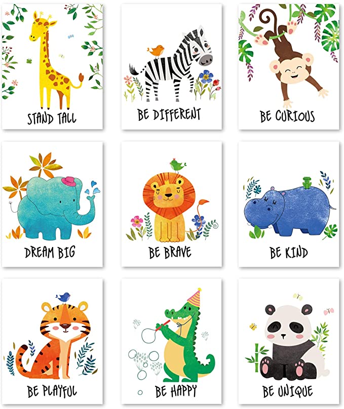 chiazllta 9 Pieces Jungle Animals Wall Art Prints Jungle Animal Poster Wall Decals with Unframed Pictures Safari Animals Birthday Gift for Nursery and Kids Room Decorations