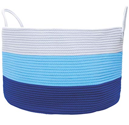 OrganiHaus XXL Extra Large Cotton Rope Basket | 20"x13.5" Blanket Storage Basket with Long Handles | Decorative Clothes Hamper Basket | Baby and Kids Room Toy Bin | Pillow & Blanket Basket (Blue)