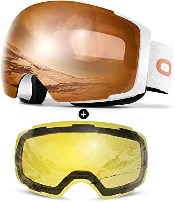 Odoland Magnetic Interchangeable Ski Goggles with 2 Lens, Large Spherical Frameless Snow Snowboard Goggles for Men Women