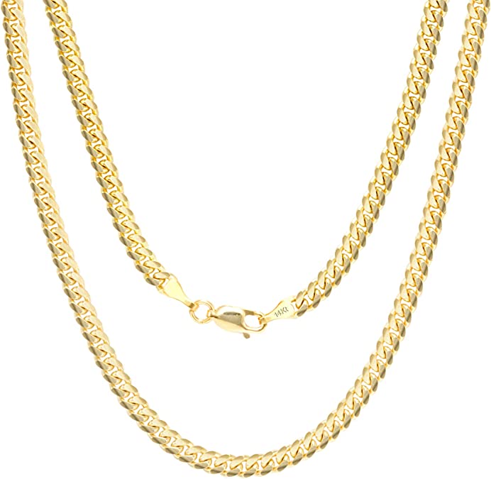 Nuragold 14k Yellow Gold 4mm Solid Miami Cuban Link Chain Pendant Necklace, Mens Jewelry Lobster Clasp 18" 20" 22" 24" 26" 28" 30"