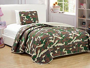 Mk Collection Twin/ Twin Extra large 2 Pc Bedspread Tank Army green Brown Beige New (Twin, Bedspread)