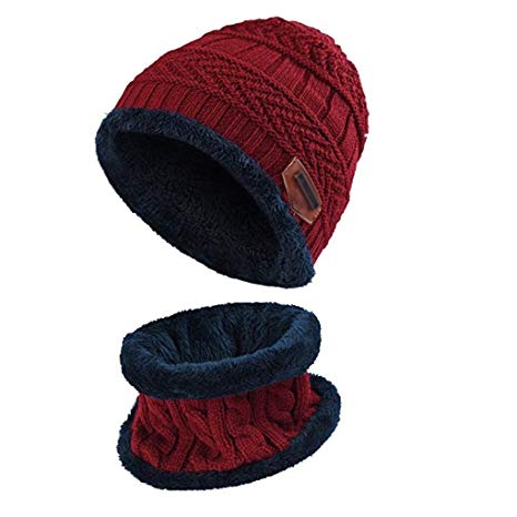 Winter Hat Hat and Scarf Sets for Men & Women Fall/Winter Hat Double Layered Warm Knitted with Nap Cloth Ski Outdoor Sports Unisex Chunky Soft Thicken Crochet Knit Skull Cap Hat Beanie Snood (Red)