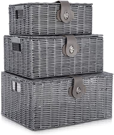 LIVIVO Set of 3 Resin Woven Wicker Hamper Basket Storage Box with Lid and Lock (Set of 3 Grey)