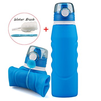 Collapsible Water Bottle, RilexAwhile 35oz 1000ml Silicon Foldable 100% Leakproof Bottle with FDA and SGS Certified, BPA Free for Traveling, Mountaineering, Camping with Free Cup Brush
