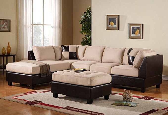 Case Andrea Milano 3-Piece Microfiber Faux Leather Sectional Sofa with Ottoman, Beige