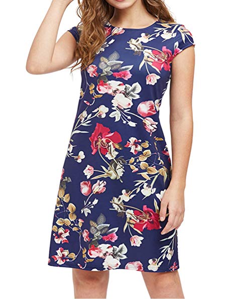 Romwe Womens Floral Print Short Sleeve Casual Work Office A Line Dress