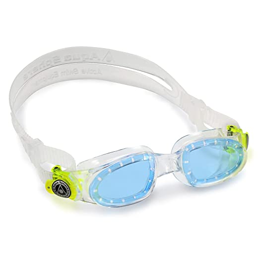 Aquasphere Moby Kids Swim Goggles - Comfort & Quality for the Beginning Swimmer, Easy Adjust Buckles | Unisex Children, Ages 3 , Blue Lens, Transparent/Bright Green Frame