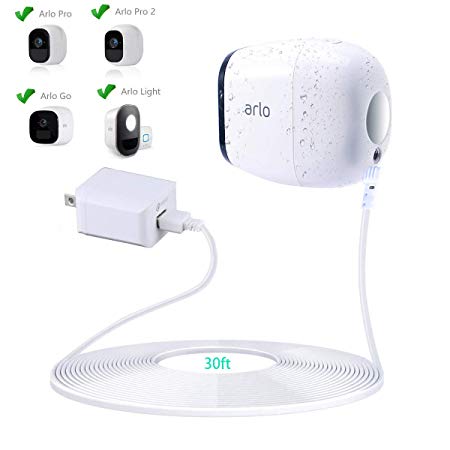 JESSY Weatherproof Outdoor Power Cable for Arlo Pro and Arlo Pro 2 with Quick Charge 3.0 Power Adapter Compatible with Arlo Pro,Arlo Pro 2,Arlo Go and Arlo Security Light (30ft/9m)(Charger and Cord)