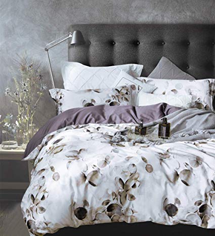 MILDLY Bedding Floral Duvet Cover Sets King Size, 100% Egyptian Cotton Duvet Cover with Zipper Closure and 2 Pillow Shams, Botanical Floral Flowers Pattern,Connaught