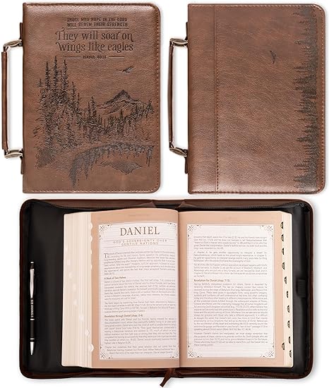 Christian Art Gifts Men's Classic Bible Cover On Wings Like Eagles Mountain Isaiah 40:31, Brown Faux Leather, Large