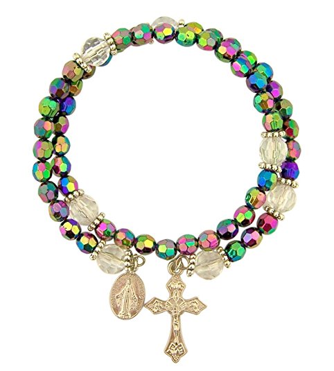 Acrylic Prayer Bead Rosary Wrap Bracelet with Miraculous Medal, 8 Inch