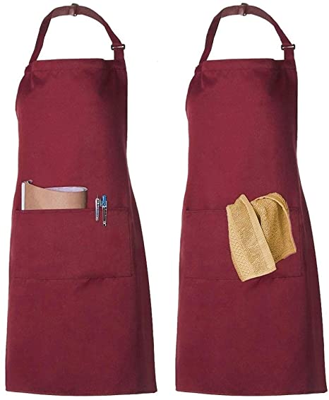 FANSIR 2 Packs Apron, Adjustable Bib Apron with 2 Pockets 100% Cotton Cooking Kitchen Chef Aprons for Men Women Home Restaurant Craft Garden BBQ Coffee House (Red)