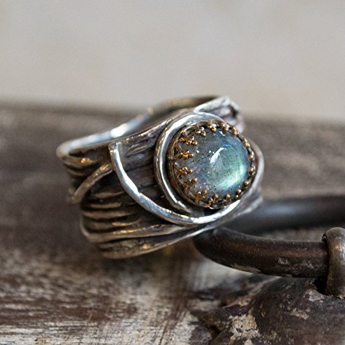Silver gold engagement ring Labradorite wide silver band - Love Itself R2255