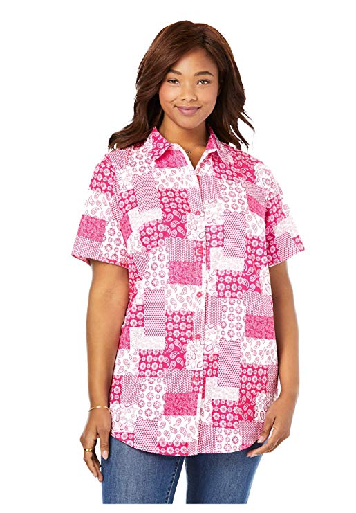 Woman Within Women's Plus Size Perfect Short Sleeve Button Down Shirt