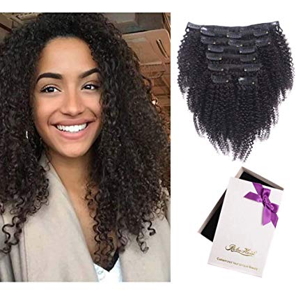 Kinky Curly Clip In Human Hair Extensions, 100% Virgin Hair Extensions African American 4C Kinky Curlys Clip in Extensions For Black Women (#1b natural color,128gram/set,14inch)