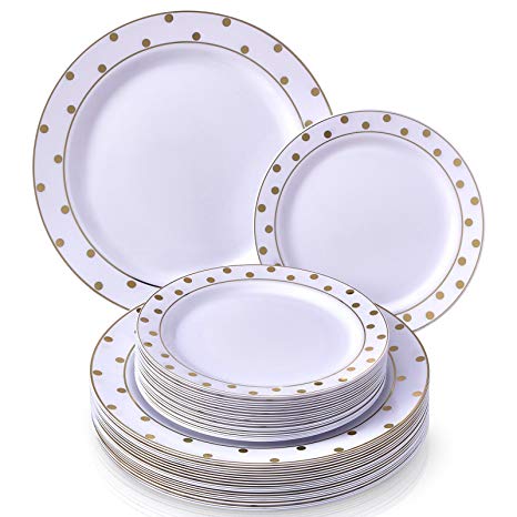PARTY DISPOSABLE 40 PC DINNERWARE SET | 20 Dinner Plates | 20 Salad/Dessert Plates | Heavy Duty Disposable Plastic Dishes | Elegant Fine China Look | for Upscale Wedding and Dining (Dots– White/Gold)