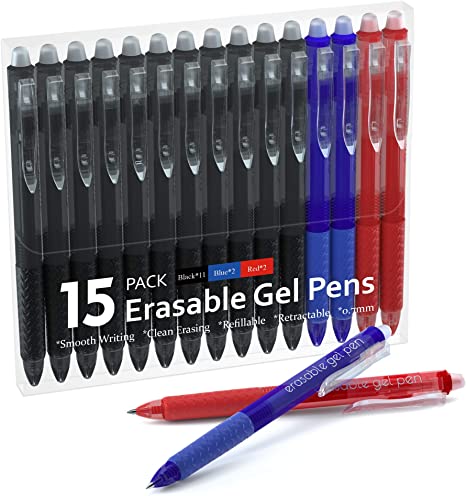 Erasable Gel Pens, 15 Pack Retractable Erasable Pens Clicker, Fine Point, Make Mistakes Disappear, 11 Black 2 Blue 2 Red Inks for Writing Planner and Crossword Puzzles