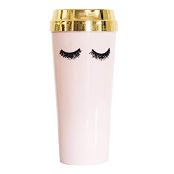 Pink Eyelashes Gold Travel Mug | Makeup Lashes Decor Cute Coffee Accessories for Women Commuter Plastic Tumbler Cup with Lid 16 Ounces Hand Lettered