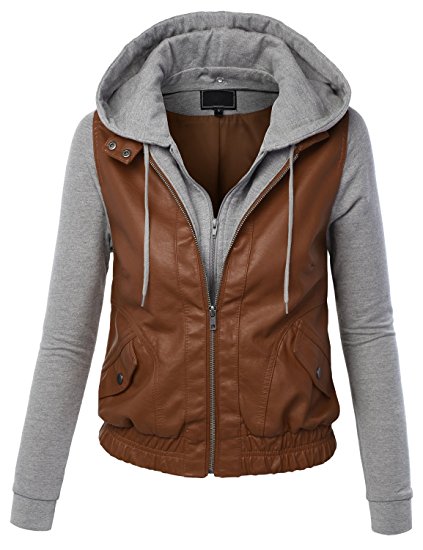 LE3NO Womens Faux Leather Zip Up Moto Biker Jacket With Hoodie