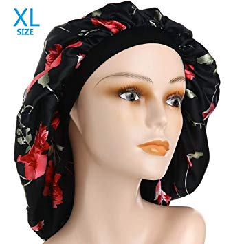 Large Satin Sleep Cap Silk Elastic Night Sleeping Hat Bonnet Nightcap Head Cover with Comfortable Wide Band for Women (HS-XL)