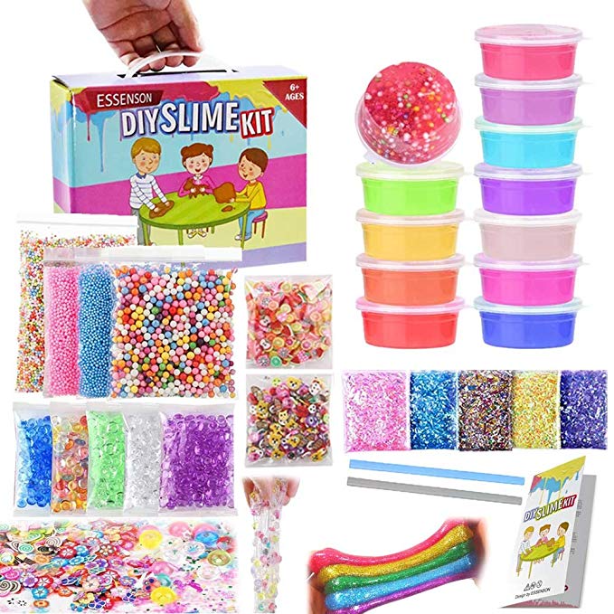 ESSENSON Slime Kit - Slime Supplies Make Your Own Slime, Slime Making Kit for Girls Boys Kids, Includes Clear Crystal Slime, Slime Containers, Foam Balls, Fruit Slices, Fishbowl Beads, Sugar Paper