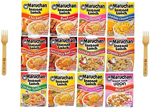 Maruchan Ramen Instant Lunch 12 Flavor Variety Pack, One 2.25 Oz Cup of Each Flavor - with Spice of Life Sporks