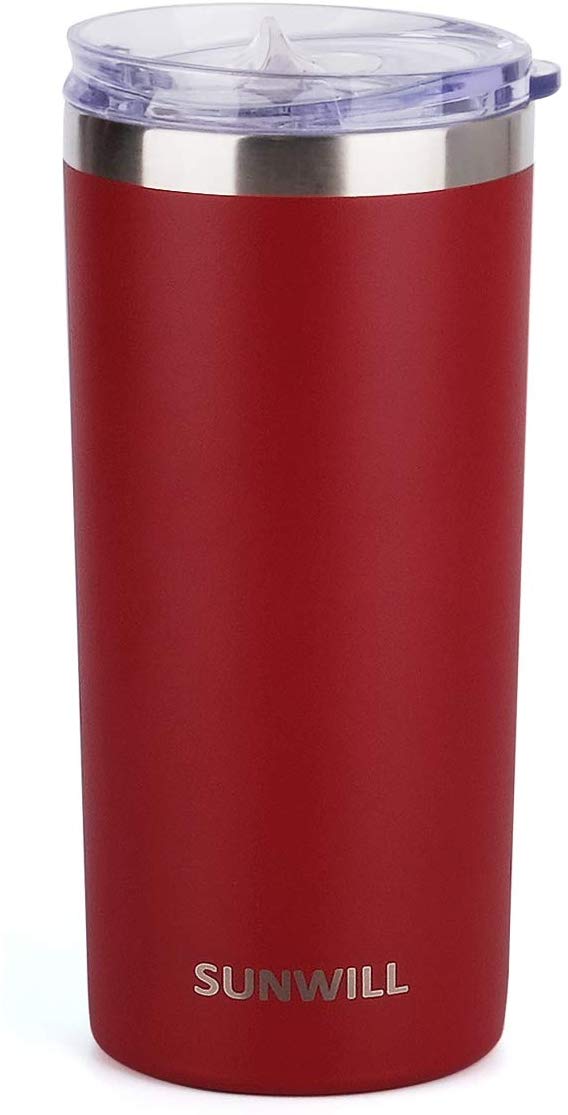 SUNWILL Coffee Mug with Lid, Vacuum Insulated Skinny Tumbler Lowball, Double Wall Stainless Steel Coffee Cup for Travel, Indoor and Outdoor 14oz, Powder Coated Wine Red