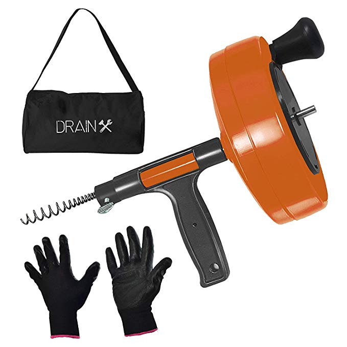 Drainx Power Pro 25-FT Steel Drum Auger Plumbing Snake with Drill Adapter | Heavy Duty Drain Snake Cable with Work Gloves and Storage Bag- Orange.