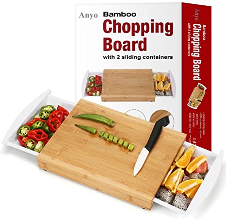 Bamboo Chopping Cutting Board with Tray, MOSO Cutting Boards with 2 Drawers for Kitchen, Cutting Board with Juice Groove Veggie/Cheese BPA Free Tray Easy Cook with Non-Slip Feet Ultimate Cutting Board
