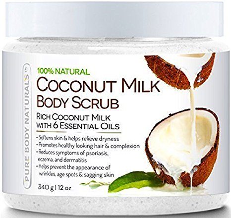 Pure Body Naturals Coconut Milk Body Scrub With Dead Sea Salt, Almond Oil And Vitamin E For All Skin Type, 12 Oz (1 Pack)