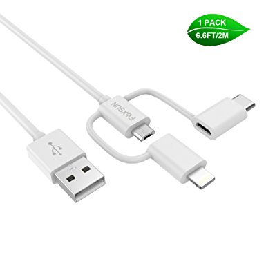 [Apple MFi Certified] Foxsun 6.6 FT(2 M) 3-in-1 Micro USB/Type C/ Lightning Cable, With 8 Pin Sync Data & Charging Cable for iPhone,ipod and Samsung Galaxy HTC Nokia Huawei Sony Android Device-White